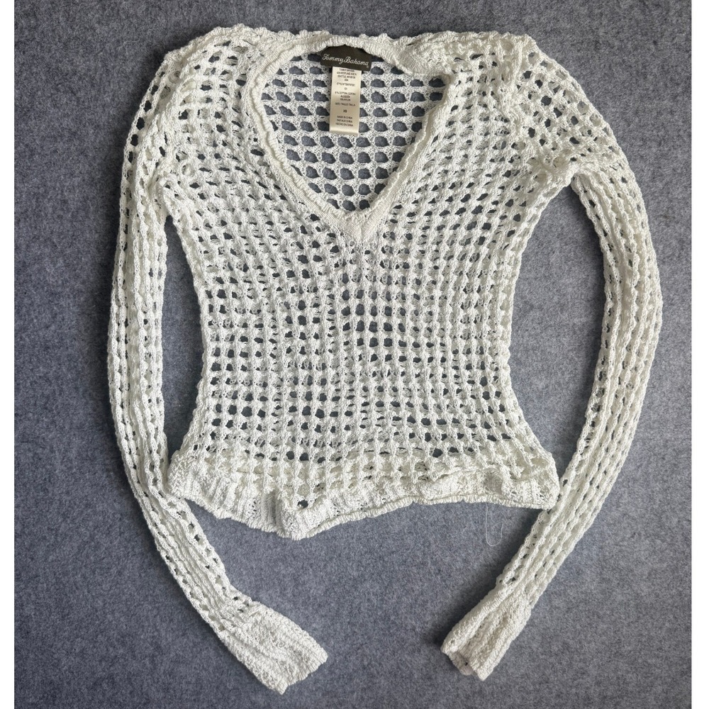 Tommy Bahama Open Knit Crochet Sweater XS White Womens V-Neck Boho Beach Coverup